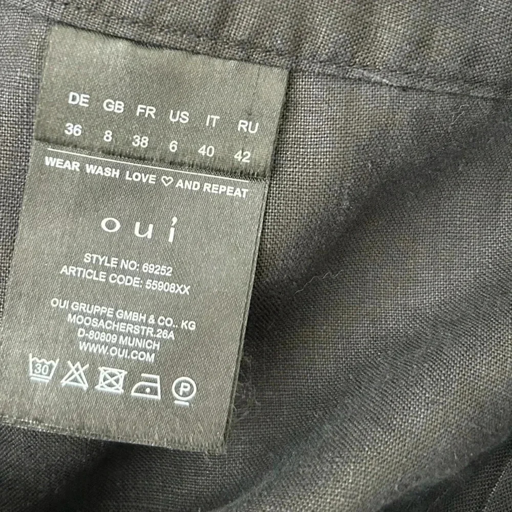 Oui 100% Linen Wide Leg Pants Black Tie Waist Relaxed Minimalist EU Size 6 - Picture 10 of 11